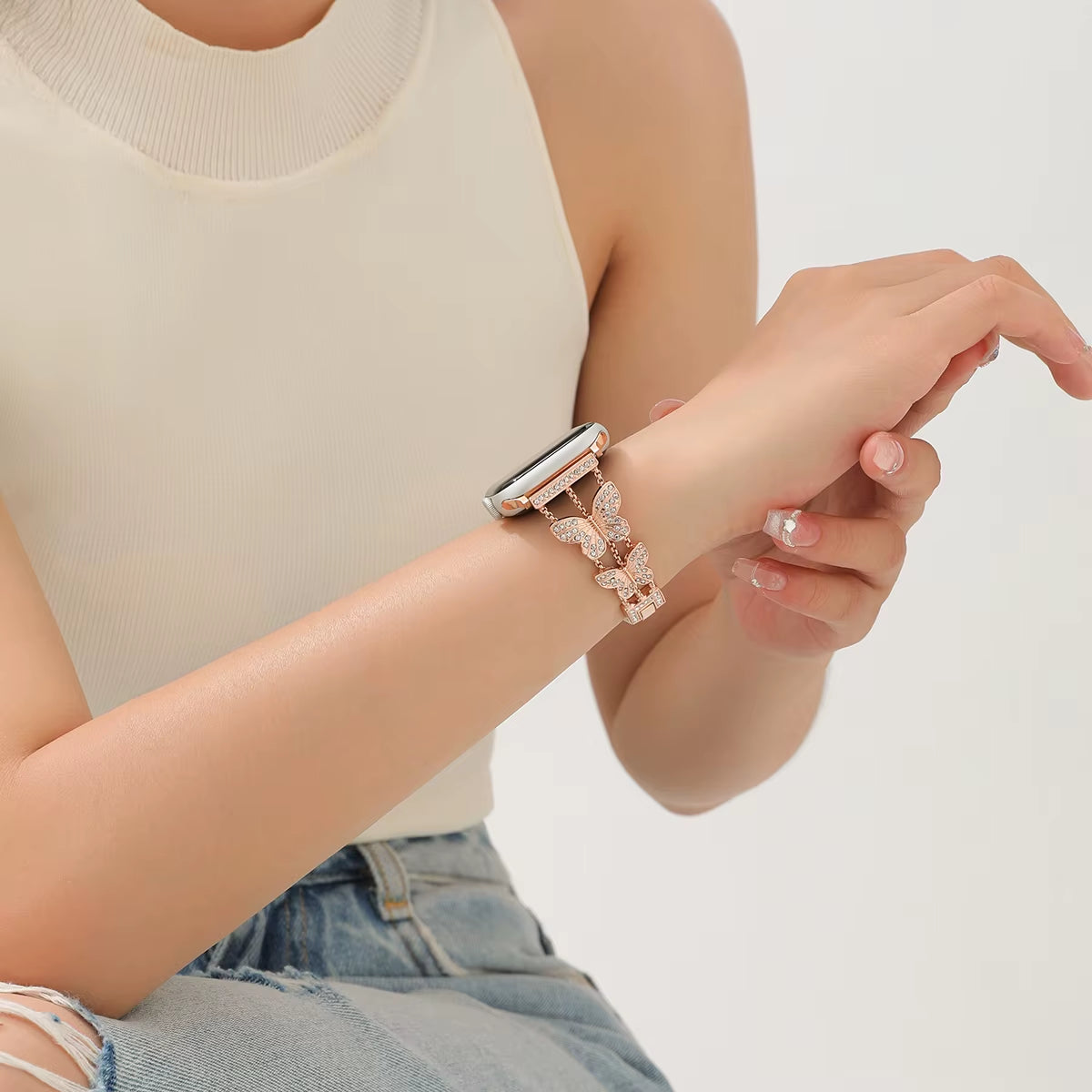 Bracelet En Métal Pour Bracelet De Montre Apple Ultra 4Mm 45Mm 40Mm 41Mm 49Mm, Chaîne Papillon Scintillante Pour Iwatch Série 9 8 7 6 5 SE 4 3